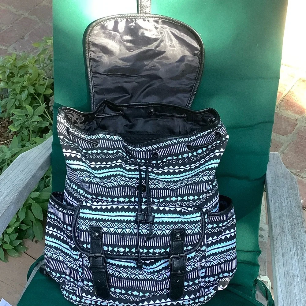 Backpack Mint Green Print Black Trim Side Pockets Drawstring Top New
